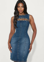 Spring Women's Fashion Round Neck Sleeveless Cutout Studded Denim Dress