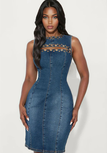 Spring Women's Fashion Round Neck Sleeveless Cutout Studded Denim Dress