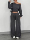 Women Slash Shoulder Casual Crop and Pant Solid Two-Piece Set