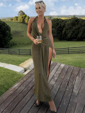 Spring Women's Fashion Deep V-Neck Halter Split Low Back Sexy Chic Dress