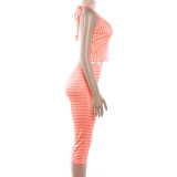 Spring Women's Solid Color Sexy Halter Neck Striped Tank & High-Waist Cropped Pants Set