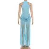 Winter Women's Fashion Solid Color Sexy Halter Neck Low Back Fringe Dress