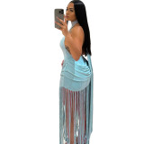 Winter Women's Fashion Solid Color Sexy Halter Neck Low Back Fringe Dress