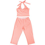 Spring Women's Solid Color Sexy Halter Neck Striped Tank & High-Waist Cropped Pants Set