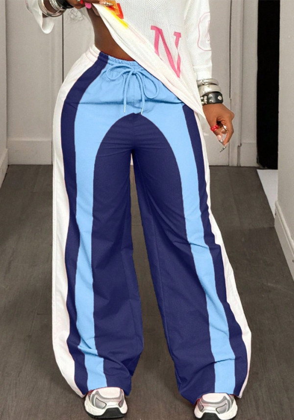 Women Casual Drawstring Color Block Pants