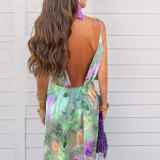 Spring Women's Chic Sexy Off-Shoulder Tie-Dye Slip Dress & Shawl Set
