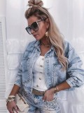 Women's Studded Denim Jacket Long Sleeve Turndown Collar Light Blue Jacket