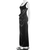 Spring Women's Solid Color Sexy Slim Fit Sleeveless Slit Lace Patchwork Evening Dress