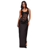 Spring Women's Solid Color Sexy Slim Fit Sleeveless Slit Lace Patchwork Evening Dress