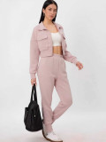 Women Casual Turndown Collar Zippered Pocket Long-Sleeve Top and Pants Two-Piece Set
