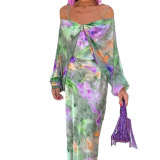 Spring Women's Chic Sexy Off-Shoulder Tie-Dye Slip Dress & Shawl Set