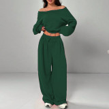 Women Slash Shoulder Casual Crop and Pant Solid Two-Piece Set