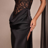 Spring Women's Solid Color Sexy Slim Fit Sleeveless Slit Lace Patchwork Evening Dress