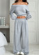 Women Slash Shoulder Casual Crop and Pant Solid Two-Piece Set