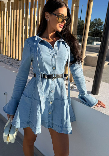 Women's Slim Fit Bow Tie Waist Long Sleeve Denim A-Line Dress