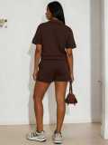 Women Summer Turndown Collar Zippered Short-Sleeve Top and Drawstring Pocket Shorts Two-Piece Set
