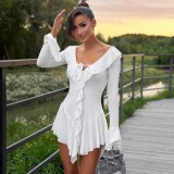 Women's Ruffled Collar Solid Color Long Sleeve Bell Sleeve Lace-Up High-Waist A-Line Dress