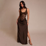 Spring Women's Solid Color Sexy Slim Fit Sleeveless Slit Lace Patchwork Evening Dress