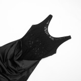 Spring Women's Solid Color Sexy Slim Fit Sleeveless Slit Lace Patchwork Evening Dress