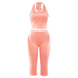 Spring Women's Solid Color Sexy Halter Neck Striped Tank & High-Waist Cropped Pants Set