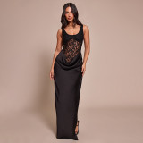 Spring Women's Solid Color Sexy Slim Fit Sleeveless Slit Lace Patchwork Evening Dress