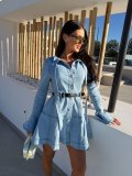 Women's Slim Fit Bow Tie Waist Long Sleeve Denim A-Line Dress