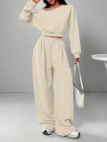 Women Slash Shoulder Casual Crop and Pant Solid Two-Piece Set