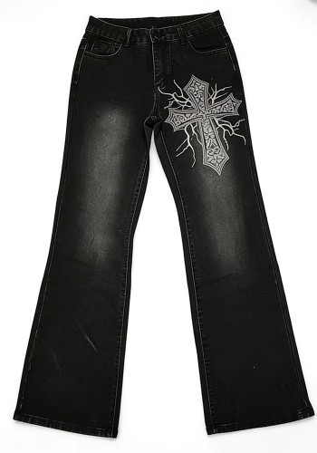 Women's Cross Print Washed Denim Flared Pants