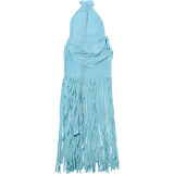 Winter Women's Fashion Solid Color Sexy Halter Neck Low Back Fringe Dress