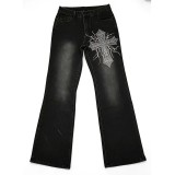 Women's Cross Print Washed Denim Flared Pants