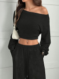 Women Slash Shoulder Casual Crop and Pant Solid Two-Piece Set