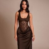 Spring Women's Solid Color Sexy Slim Fit Sleeveless Slit Lace Patchwork Evening Dress