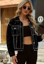 Women's Studded Rhinestone Fashion Denim Jacket Black Outerwear