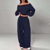 Women Slash Shoulder Casual Crop and Pant Solid Two-Piece Set