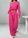 Women Slash Shoulder Casual Crop and Pant Solid Two-Piece Set