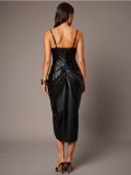 Women's Fashion Elegant PU Leather Strap Slim Waist Ruched Bodycon Slit Midi Dress