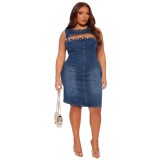 Spring Women's Fashion Round Neck Sleeveless Cutout Studded Denim Dress