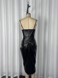 Women's Fashion Elegant PU Leather Strap Slim Waist Ruched Bodycon Slit Midi Dress