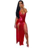Spring Red Metallic Sexy Side Slit Halter Long Party Dress