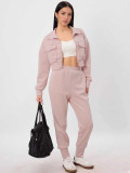 Women Casual Turndown Collar Zippered Pocket Long-Sleeve Top and Pants Two-Piece Set