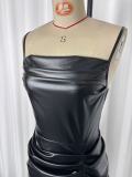 Women's Fashion Elegant PU Leather Strap Slim Waist Ruched Bodycon Slit Midi Dress