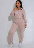 Women Casual Turndown Collar Zippered Pocket Long-Sleeve Top and Pants Two-Piece Set