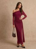 Women's One-Shoulder Mesh Long Sleeve Solid Color Slim Fit Formal Party Evening Gown