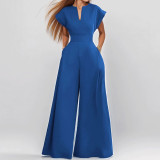 Women's Chic V-Neck Short Sleeve High-Waist Wide-Leg Jumpsuit