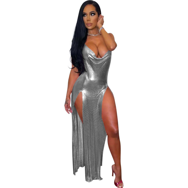 Spring Red Metallic Sexy Side Slit Halter Long Party Dress