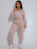 Women Casual Turndown Collar Zippered Pocket Long-Sleeve Top and Pants Two-Piece Set