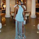 Winter Women's Fashion Solid Color Sexy Halter Neck Low Back Fringe Dress