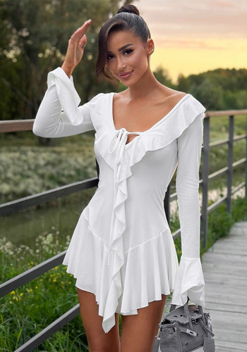 Women's Ruffled Collar Solid Color Long Sleeve Bell Sleeve Lace-Up High-Waist A-Line Dress