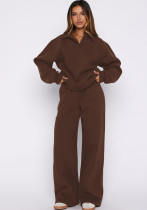 Women Autumn Solid Casual Long-Sleeve Top and Pant Two-Piece Set