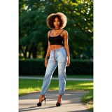 Women's Casual Elastic Waist Loose Multi-Pocket Denim Pants